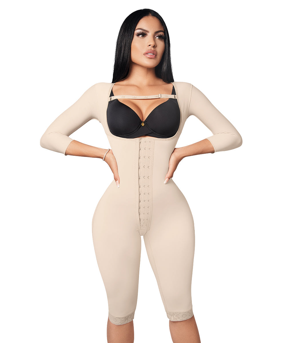 Medium Compression • Knee Length Open Bust Bodysuit • Long Sleeves • 3 Compression Hook Levels • Beige ( Ref. C-013 )
