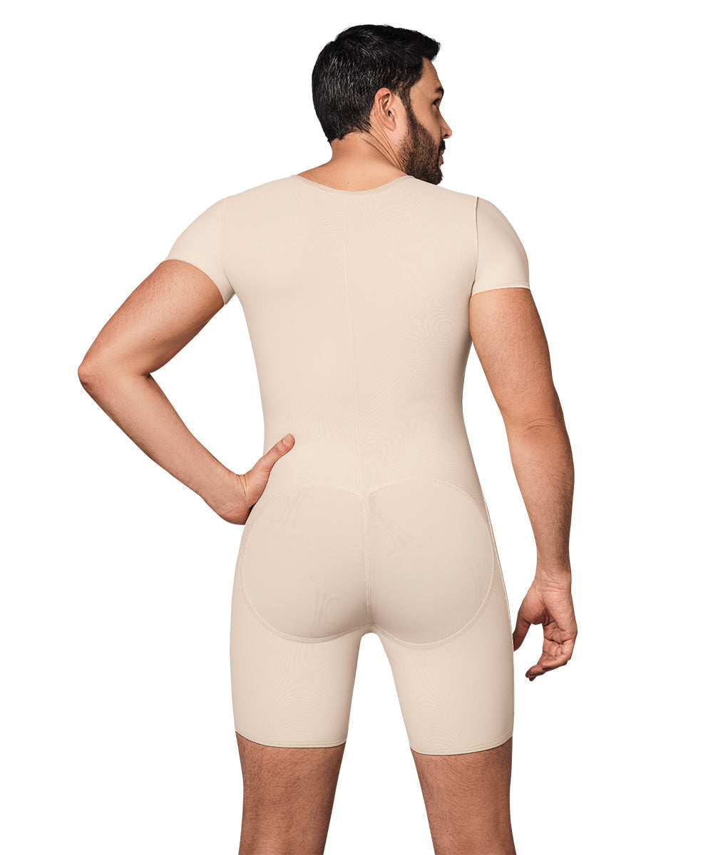 Mid Thigh Bodysuit • Posture Corrector • Short Sleeves • Center Zipper • For Men • Beige ( Ref. H-001 )