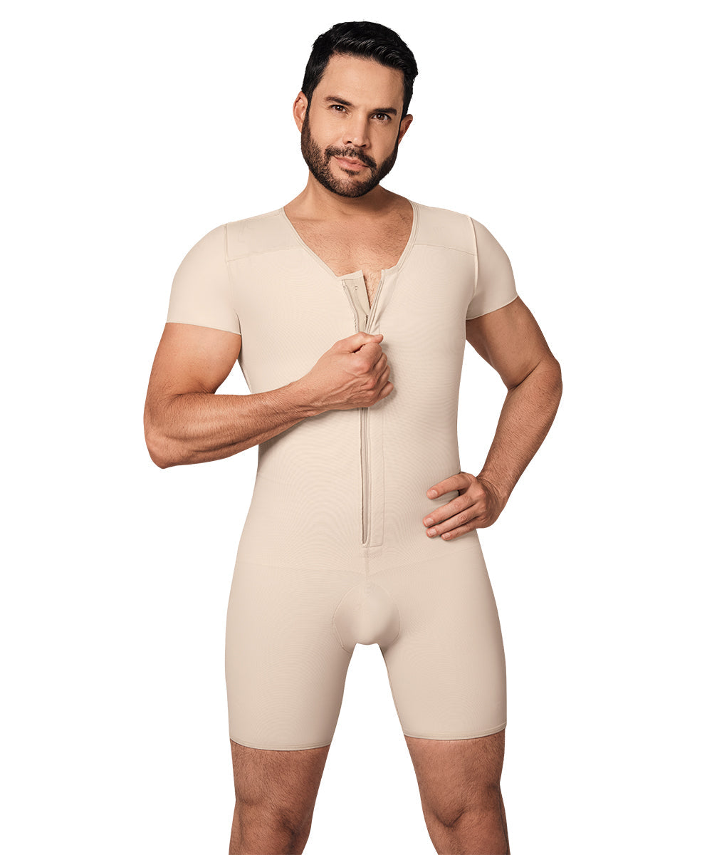 Mid Thigh Bodysuit • Posture Corrector • Short Sleeves • Center Zipper • For Men • Beige ( Ref. H-001 )