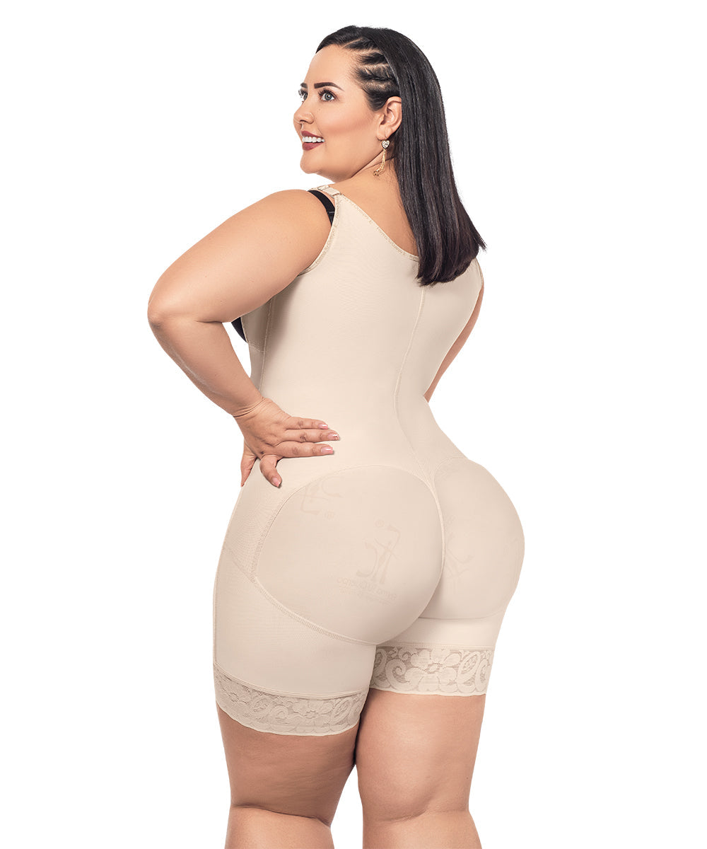 Open Bust Bodysuit Mid Thigh • Straps • Lateral Zipper • Beige • Black ( Ref. O-010 / O-016 )