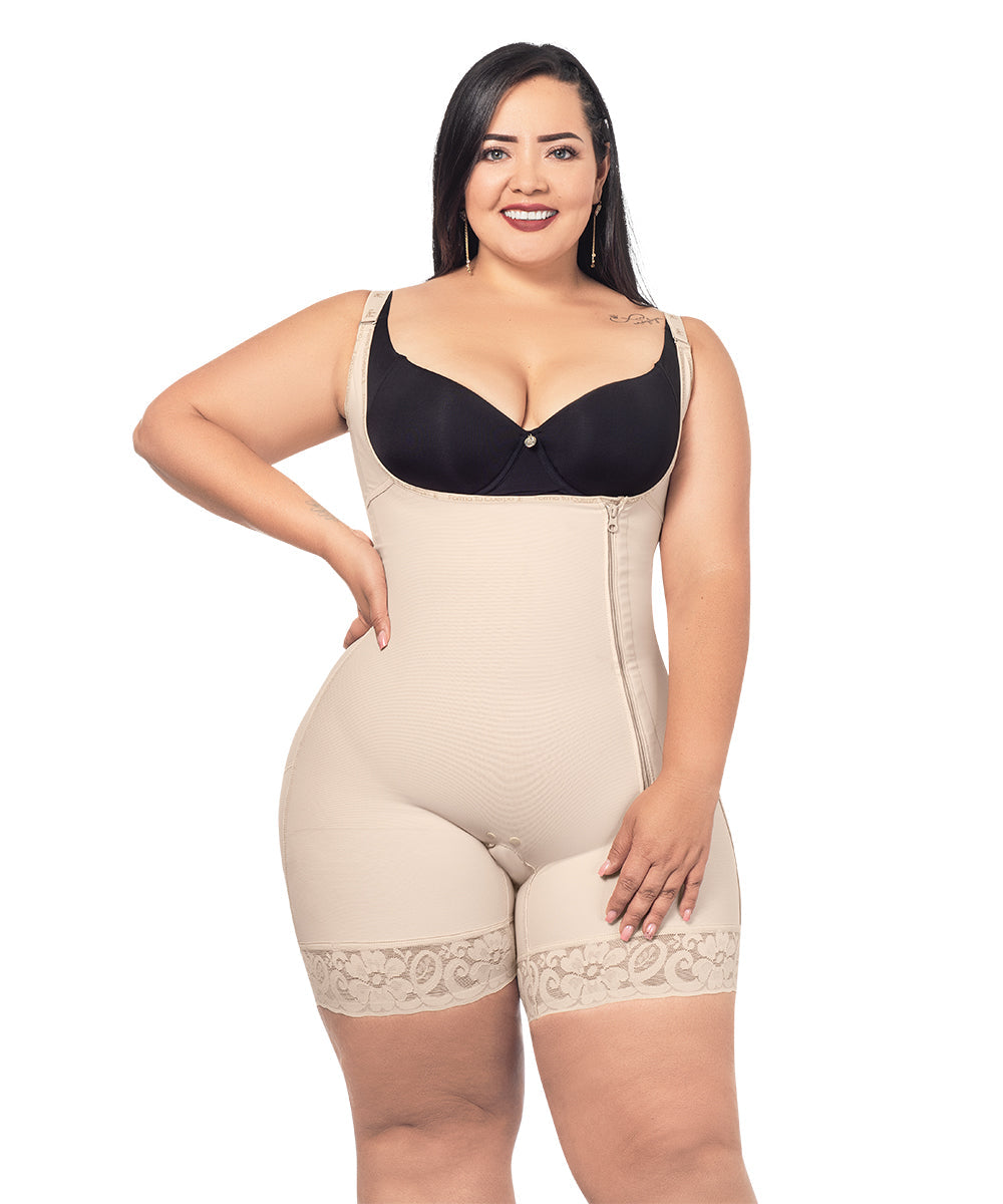Open Bust Bodysuit Mid Thigh • Straps • Lateral Zipper • Beige • Black ( Ref. O-010 / O-016 )