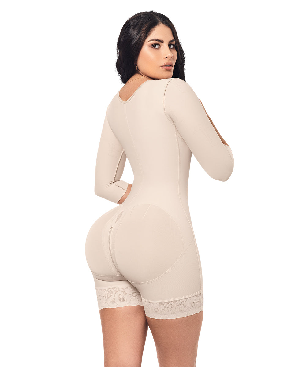 Open Bust Bodysuit Mid Thigh • Long Sleeves • 3 Compression Hook Levels • Perineal Zipper • Beige • Black ( Ref. O-015 / O-215 )