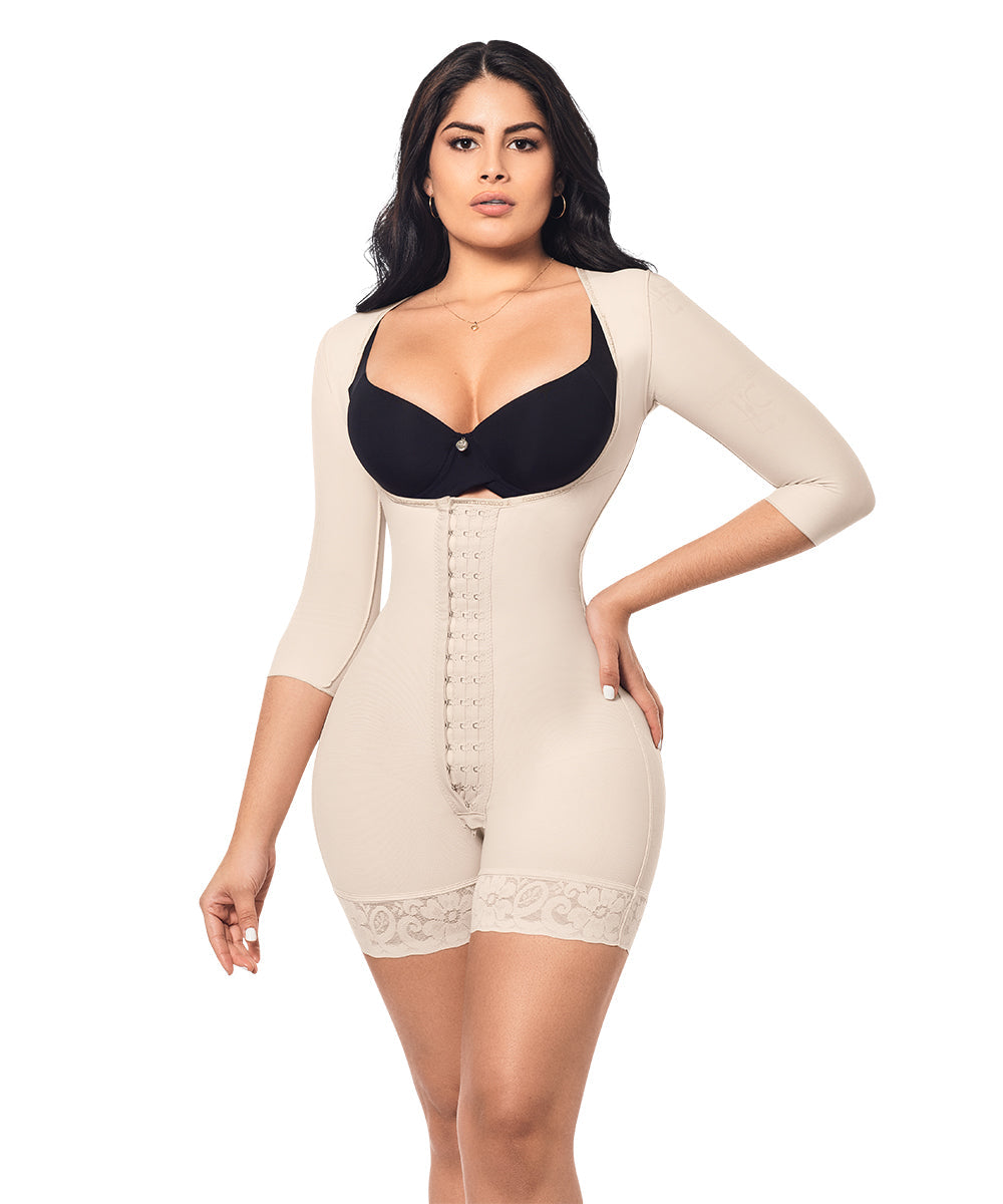 Open Bust Bodysuit Mid Thigh • Long Sleeves • 3 Compression Hook Levels • Perineal Zipper • Beige • Black ( Ref. O-015 / O-215 )