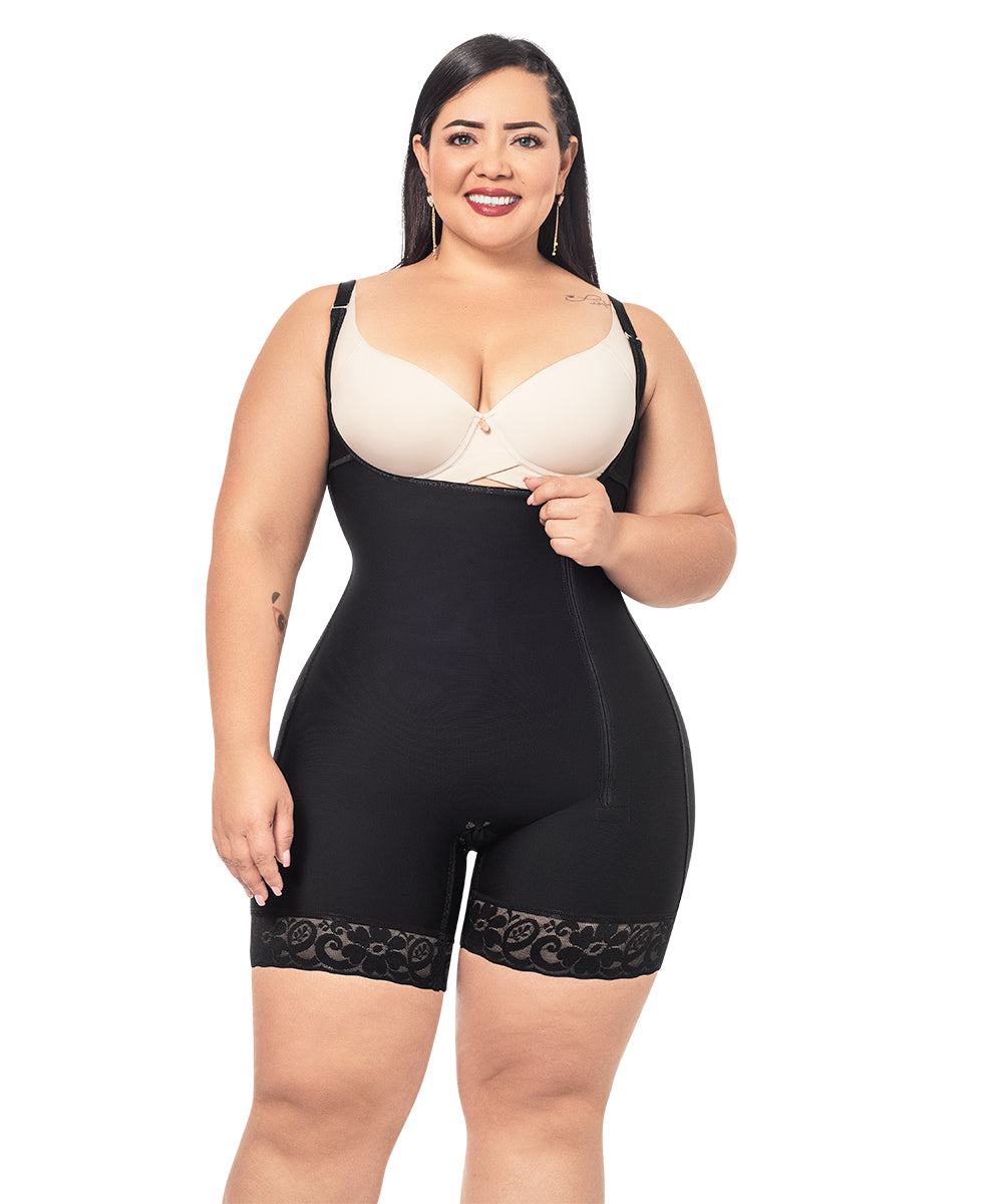 Open Bust Bodysuit Mid Thigh • Straps • Lateral Zipper • Beige • Black ( Ref. O-010 / O-016 )