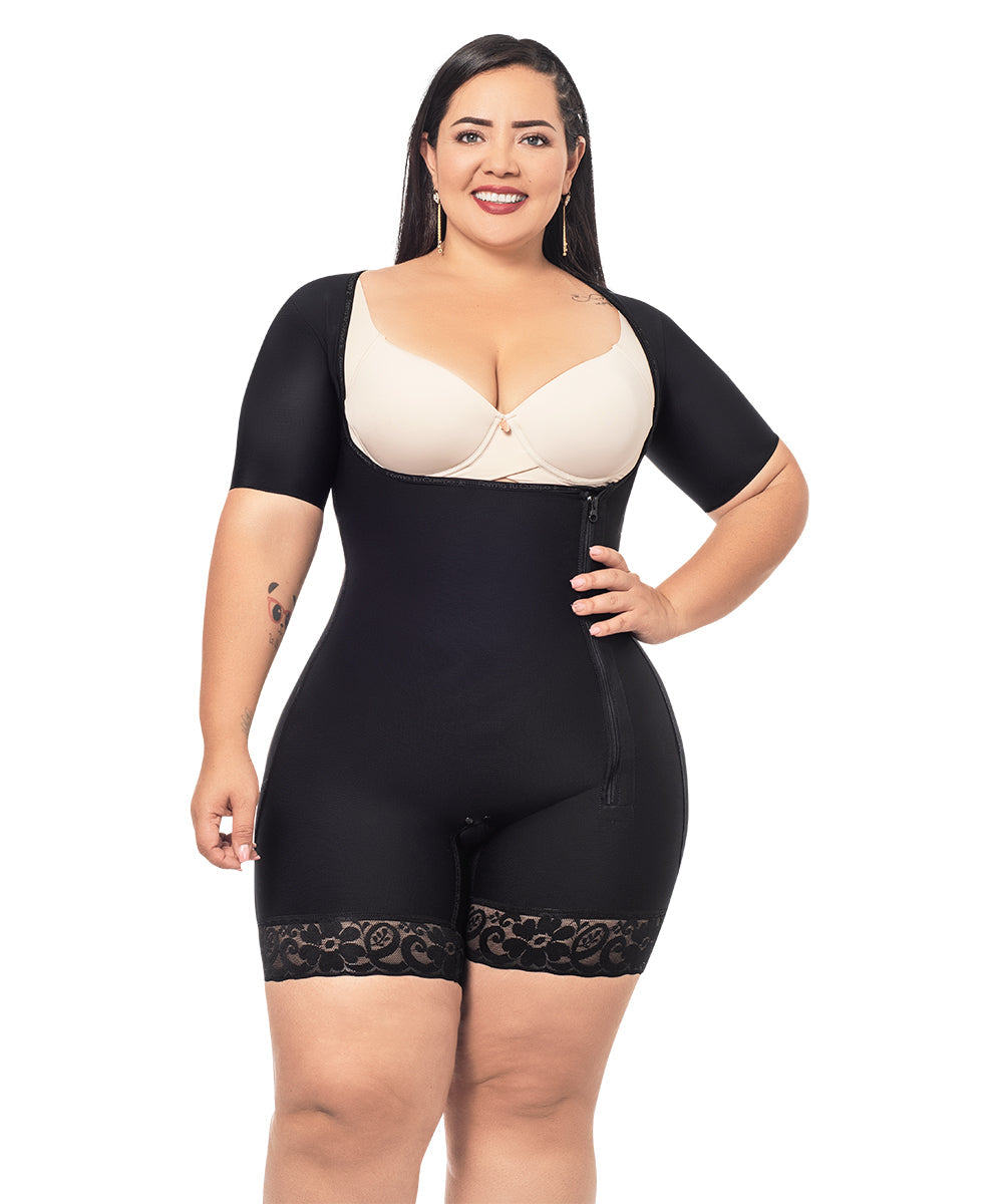 Open Bust Bodysuit Mid Thigh • Short Sleeves • Lateral Zipper • Beige • Black ( Ref. O-014 / O-017 )