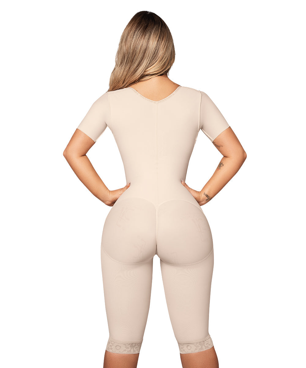 Knee Length Open Bust Bodysuit • Short Sleeves • Lateral Zipper • Beige ( Ref. O-024 )