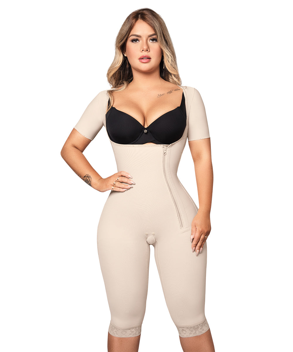 Knee Length Open Bust Bodysuit • Short Sleeves • Lateral Zipper • Beige ( Ref. O-024 )