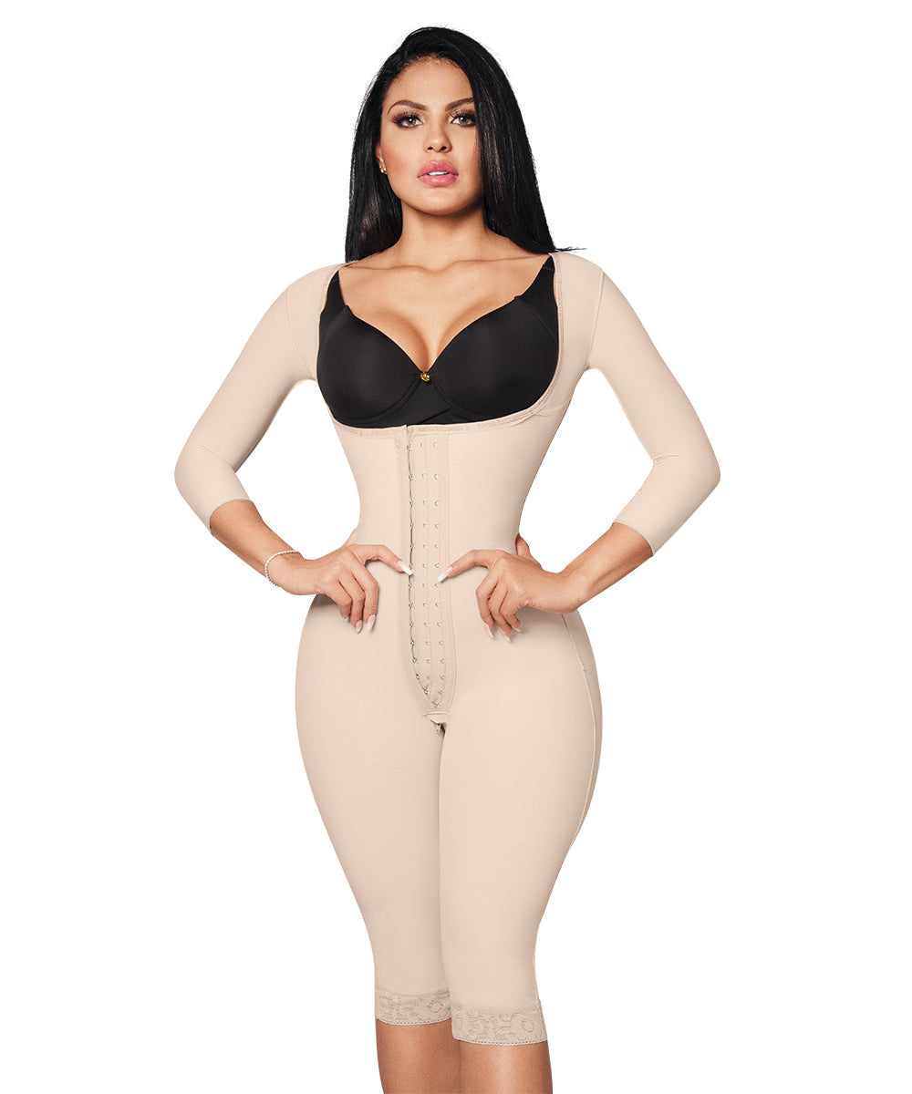 Knee Length Open Bust Bodysuit • Long Sleeves • 3 Compression Hook Levels • Perineal Zipper • Beige • Black ( Ref. O-025 / O-225 )