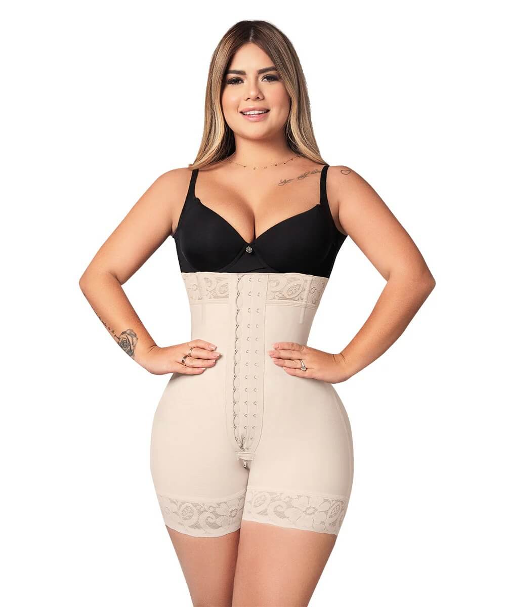 Open Bust Bodysuit Mid Thigh • Strapless • 3 Compression Hook Levels • Lateral Zipper • Beige ( Ref. O-051 )