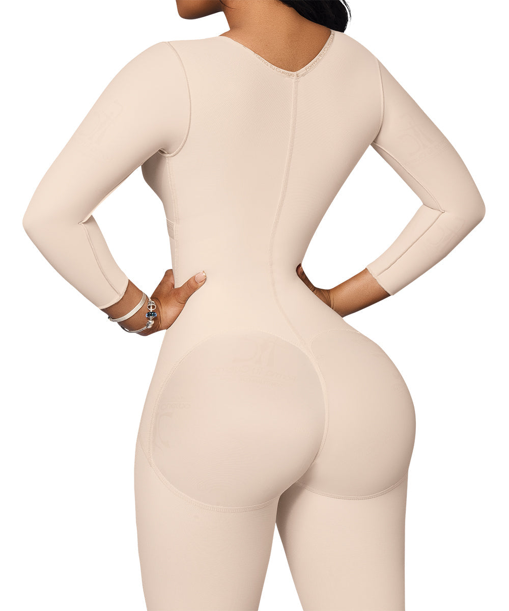 Knee Length Bodysuit With Bra • Long Sleeves • Lateral Zipper • Beige ( Ref. O-102 )