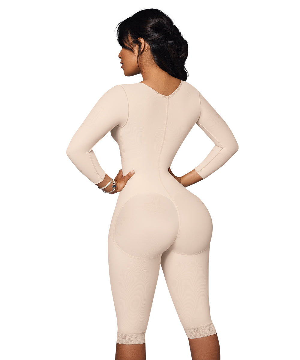Knee Length Bodysuit With Bra • Long Sleeves • Lateral Zipper • Beige ( Ref. O-102 )
