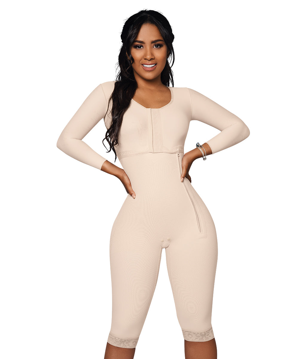 Knee Length Bodysuit With Bra • Long Sleeves • Lateral Zipper • Beige ( Ref. O-102 )