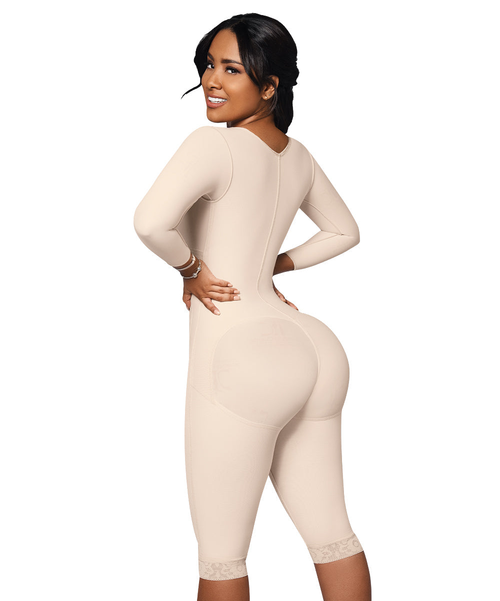Knee Length Bodysuit With Bra • Long Sleeves • Lateral Zipper • Beige ( Ref. O-102 )