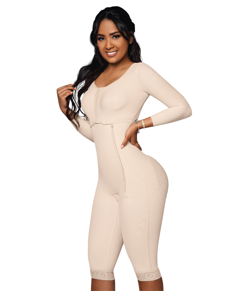 Knee Length Bodysuit With Bra • Long Sleeves • Lateral Zipper • Beige ( Ref. O-102 )