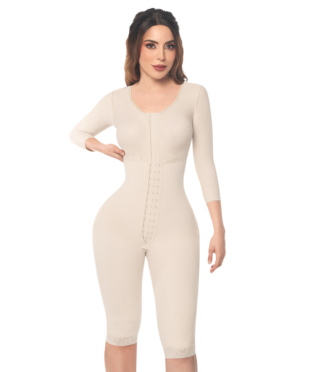 Knee Length Bodysuit With Bra • Long Sleeves • 3 Compression Hook Levels • Perineal Zipper • Beige ( Ref. O-103 )