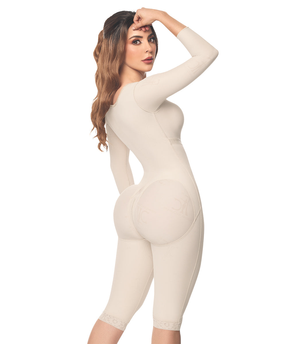Knee Length Bodysuit With Bra • Long Sleeves • 3 Compression Hook Levels • Perineal Zipper • Beige ( Ref. O-103 )