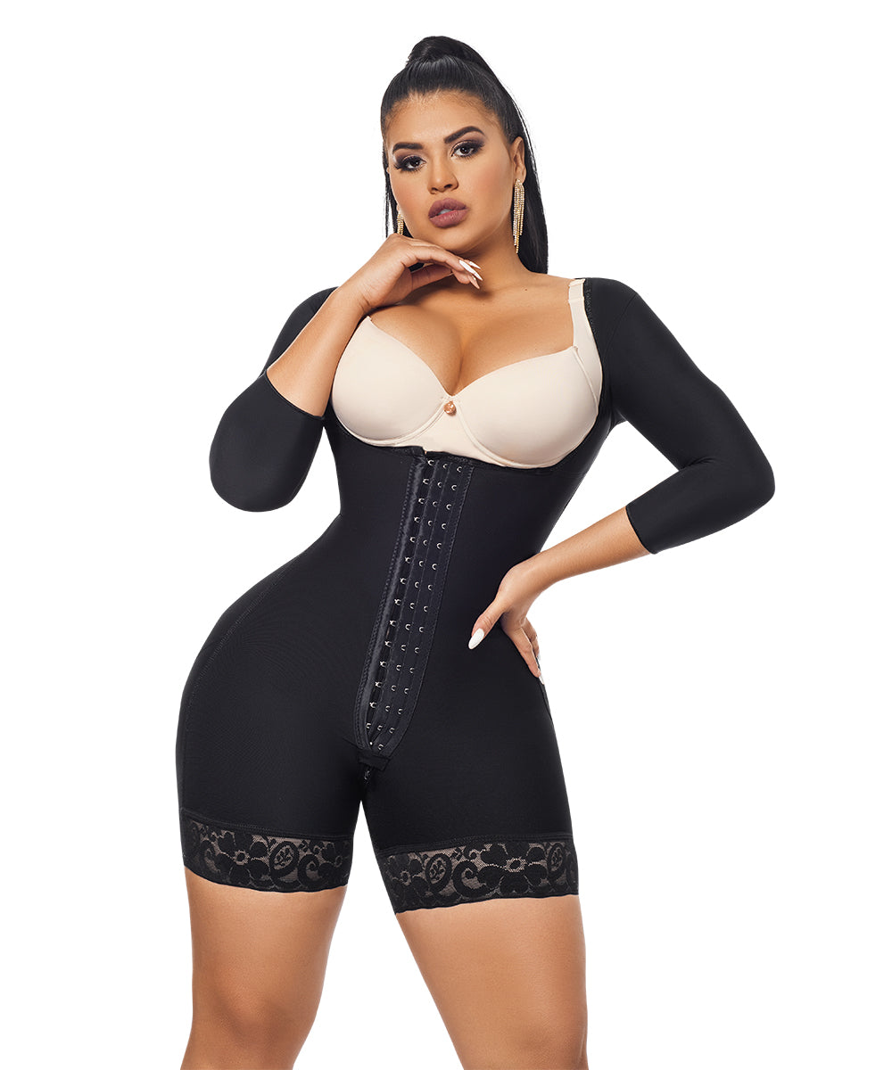 Open Bust Bodysuit Mid Thigh • Long Sleeves • 3 Compression Hook Levels • Perineal Zipper • Beige • Black ( Ref. O-015 / O-215 )