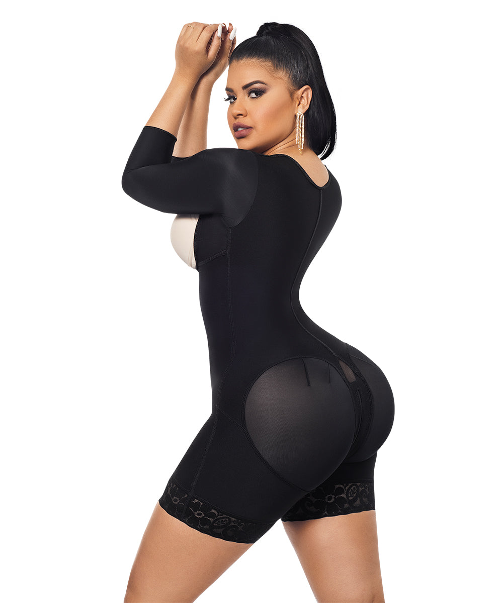 Open Bust Bodysuit Mid Thigh • Long Sleeves • 3 Compression Hook Levels • Perineal Zipper • Beige • Black ( Ref. O-015 / O-215 )