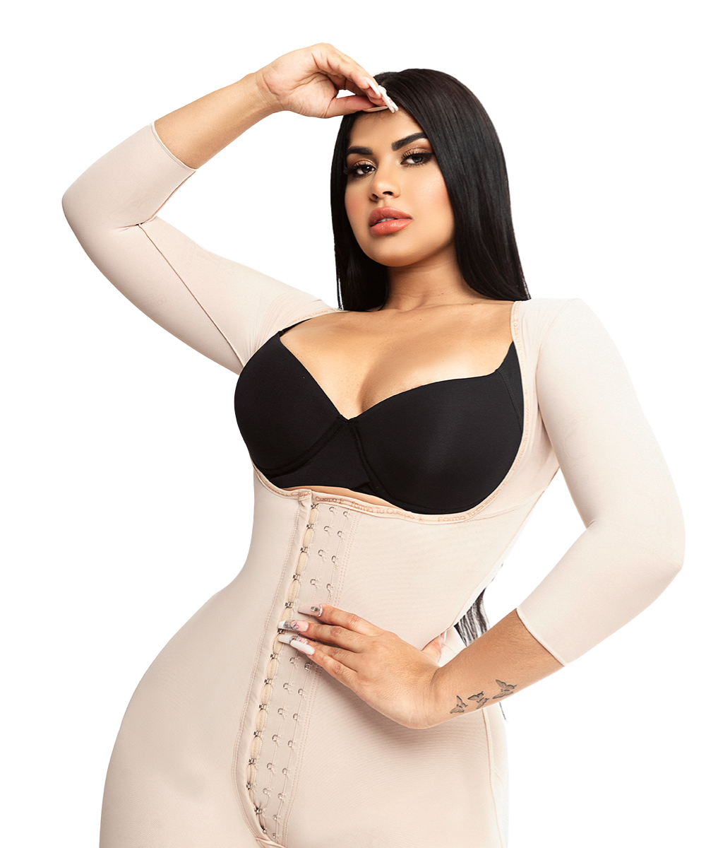 Knee Length Open Bust Bodysuit • Long Sleeves • 3 Compression Hook Levels • Perineal Zipper • Beige • Black ( Ref. O-025 / O-225 )