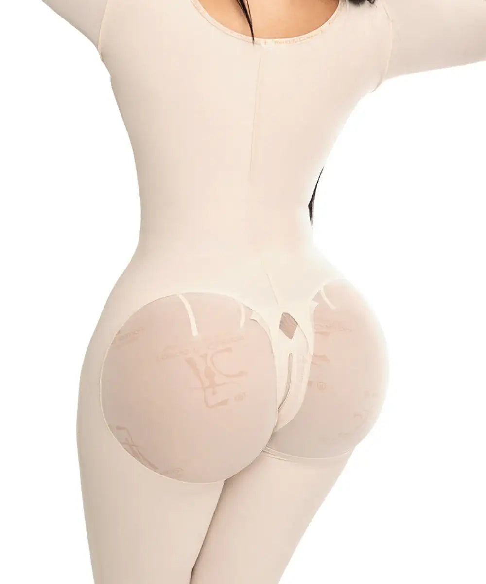 Knee Length Bodysuit With Bra • Long Sleeves • 3 Compression Hook Levels • Perineal Zipper • Beige ( Ref. O-103 )