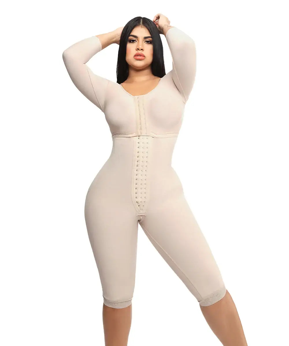 Knee Length Bodysuit With Bra • Long Sleeves • 3 Compression Hook Levels • Perineal Zipper • Beige ( Ref. O-103 )