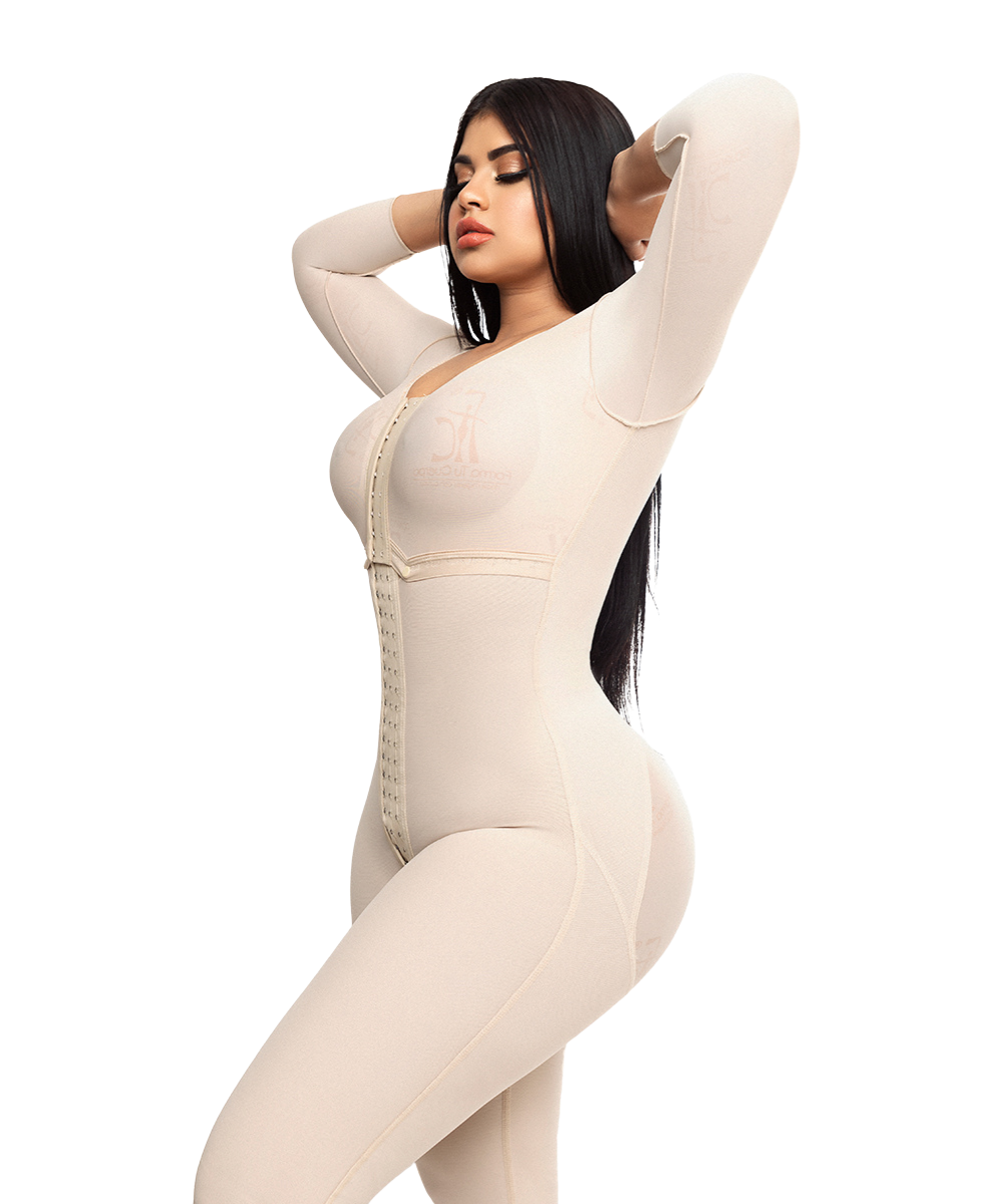 Knee Length Bodysuit With Bra • Long Sleeves • 3 Compression Hook Levels • Perineal Zipper • Beige ( Ref. O-103 )