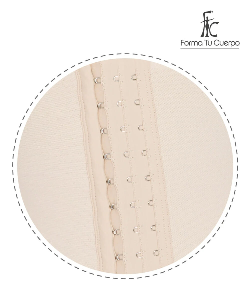 Knee Length Open Bust Bodysuit • Straps • 3 Compression Hook Levels • Perineal Zipper • Beige ( Ref. O-021 )