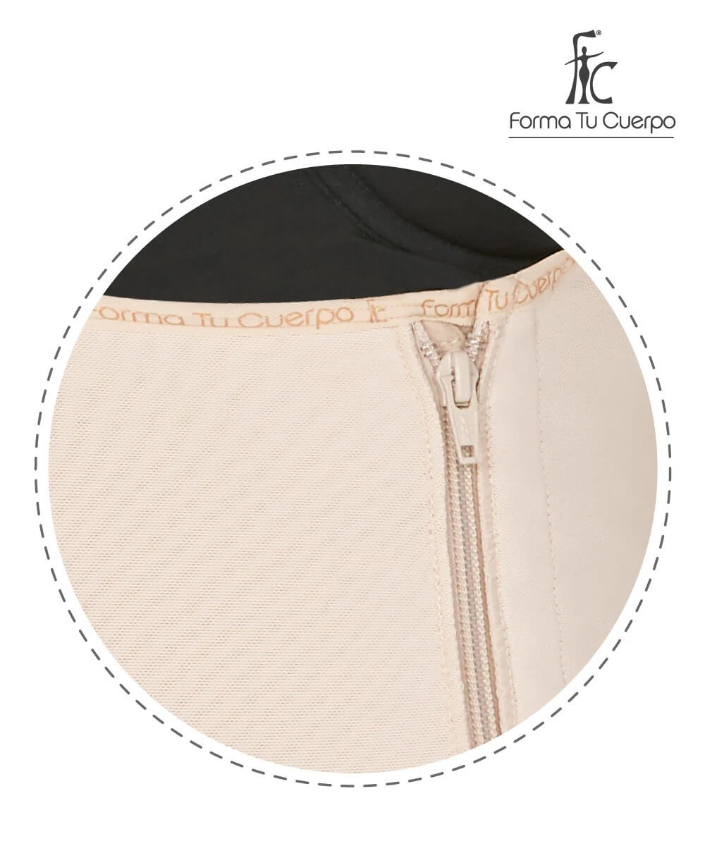 Medium Compression • Open Bust Bodysuit Mid Thigh • Straps • Lateral Zipper • Beige (Ref. C-001)