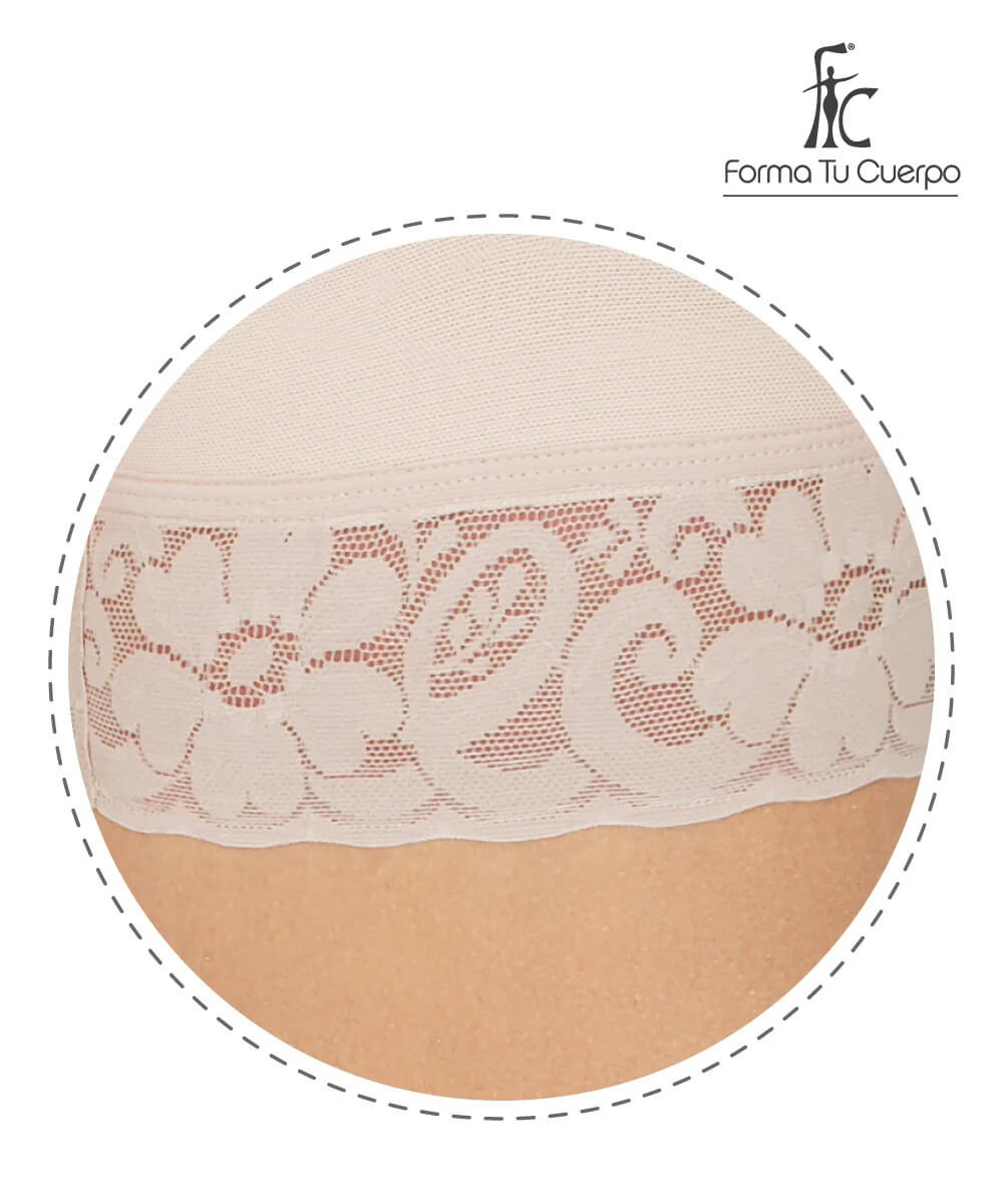 Knee Length Open Bust Bodysuit • Straps • 3 Compression Hook Levels • Perineal Zipper • Beige ( Ref. O-021 )