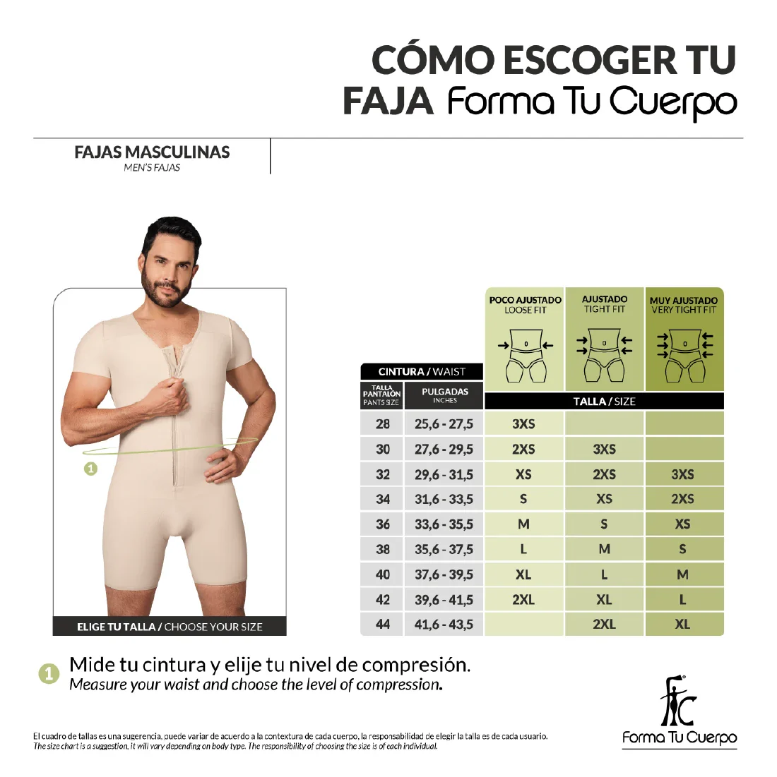 Mid Thigh Bodysuit • Posture Corrector • Short Sleeves • Center Zipper • For Men • Beige ( Ref. H-001 )