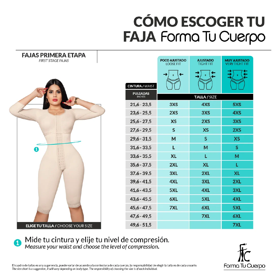 Medium Compression • Knee Length Open Bust Bodysuit • Long Sleeves • Lateral Zipper • Beige ( Ref. C-012 )
