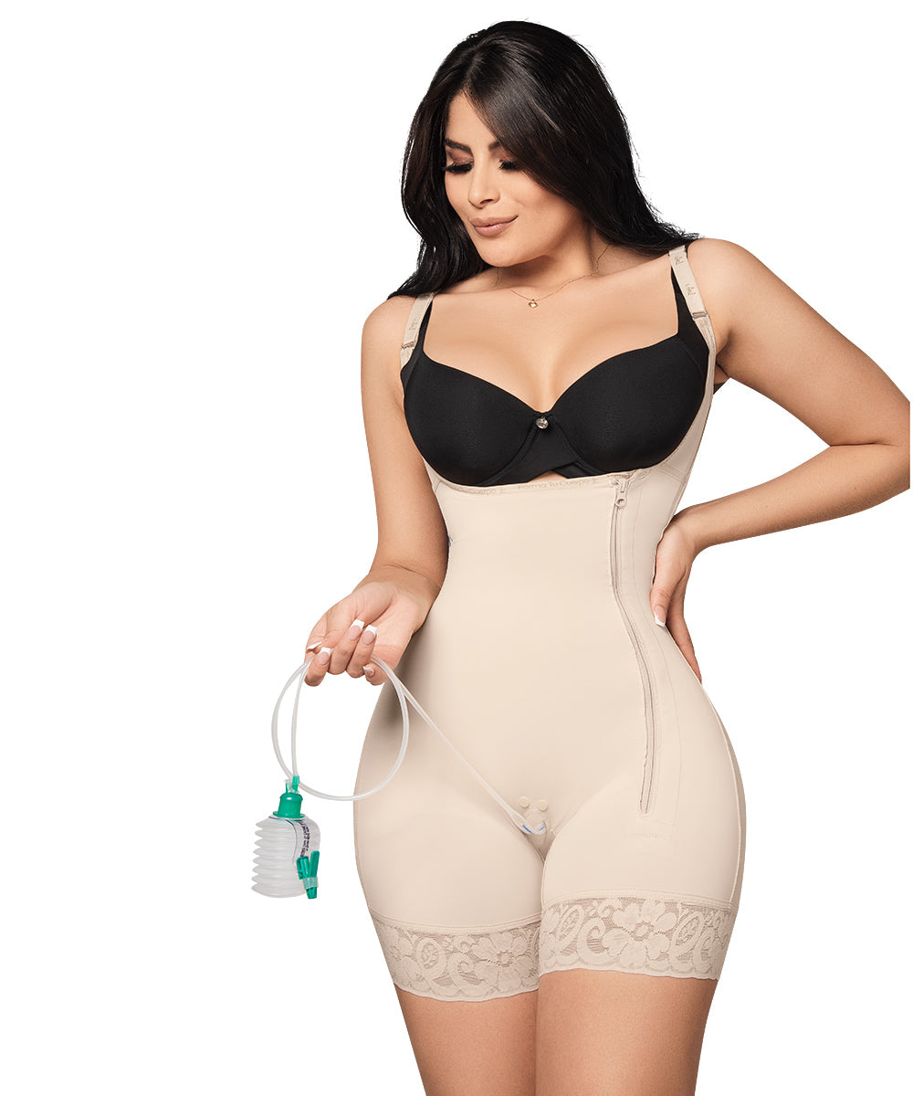 Medium Compression • Open Bust Bodysuit Mid Thigh • Straps • Lateral Zipper • Beige (Ref. C-001)