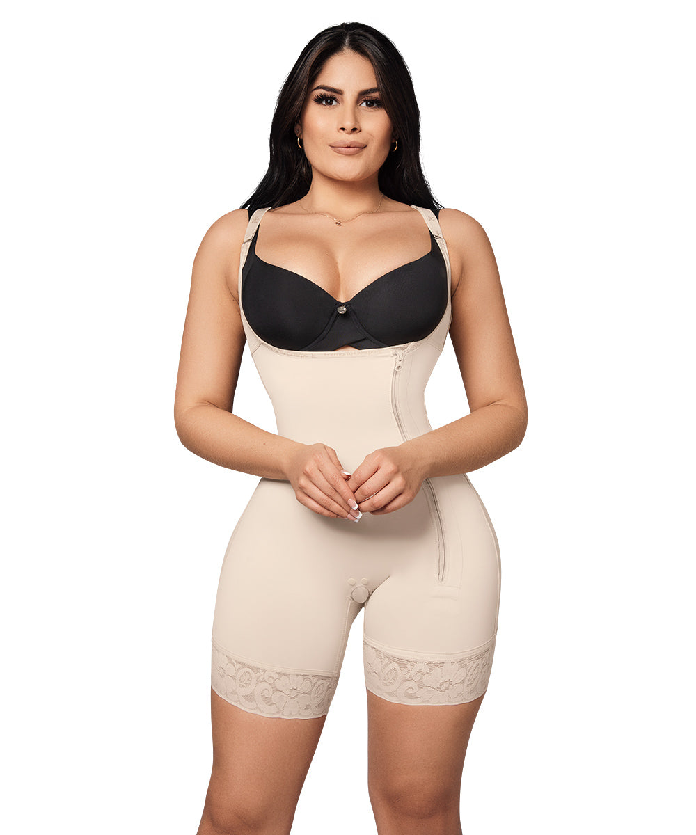 Medium Compression • Open Bust Bodysuit Mid Thigh • Straps • Lateral Zipper • Beige (Ref. C-001)