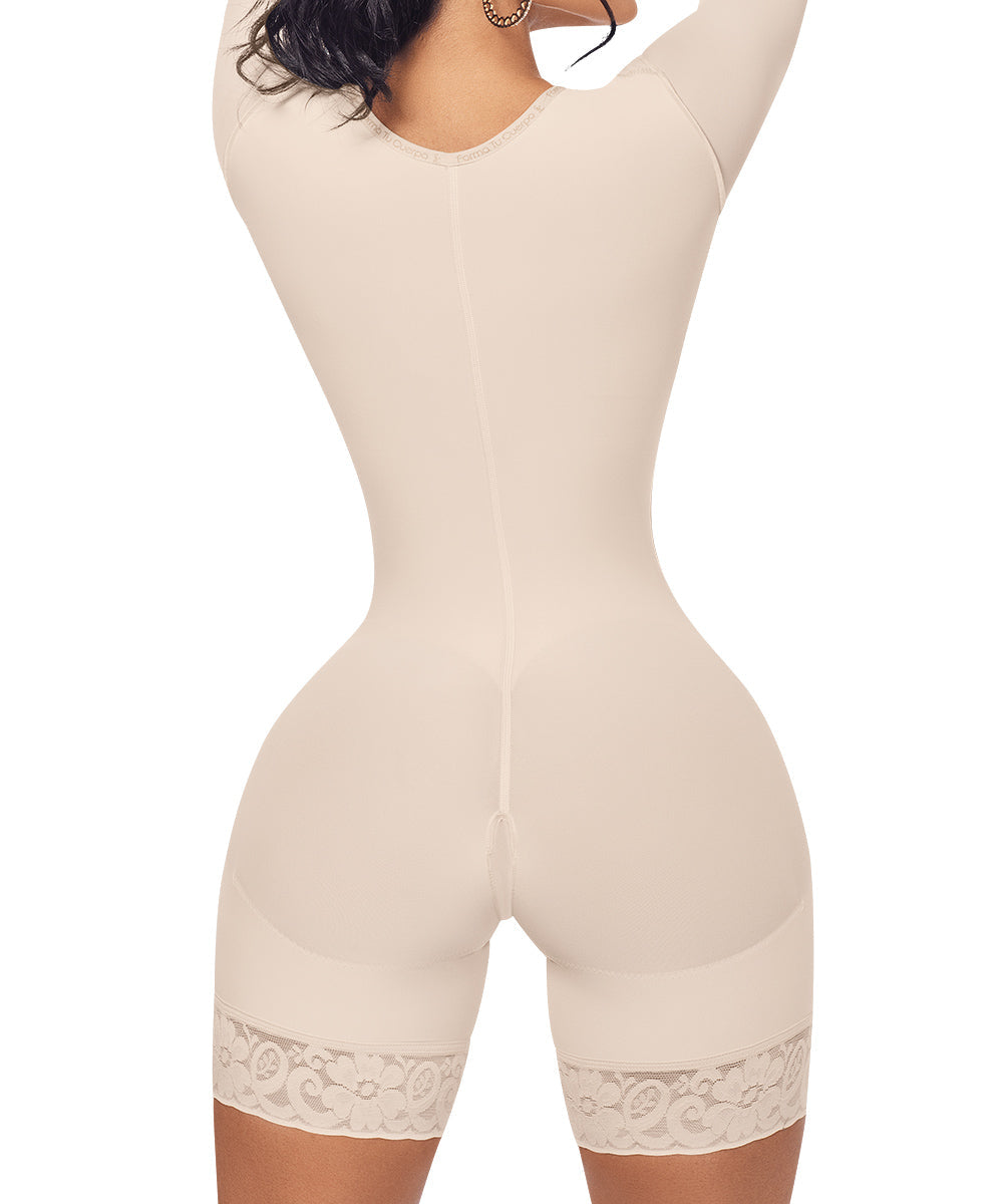 Medium Compression • Open Bust Bodysuit Mid Thigh • Long Sleeves • Lateral Zipper • Beige ( Ref. C-003 )