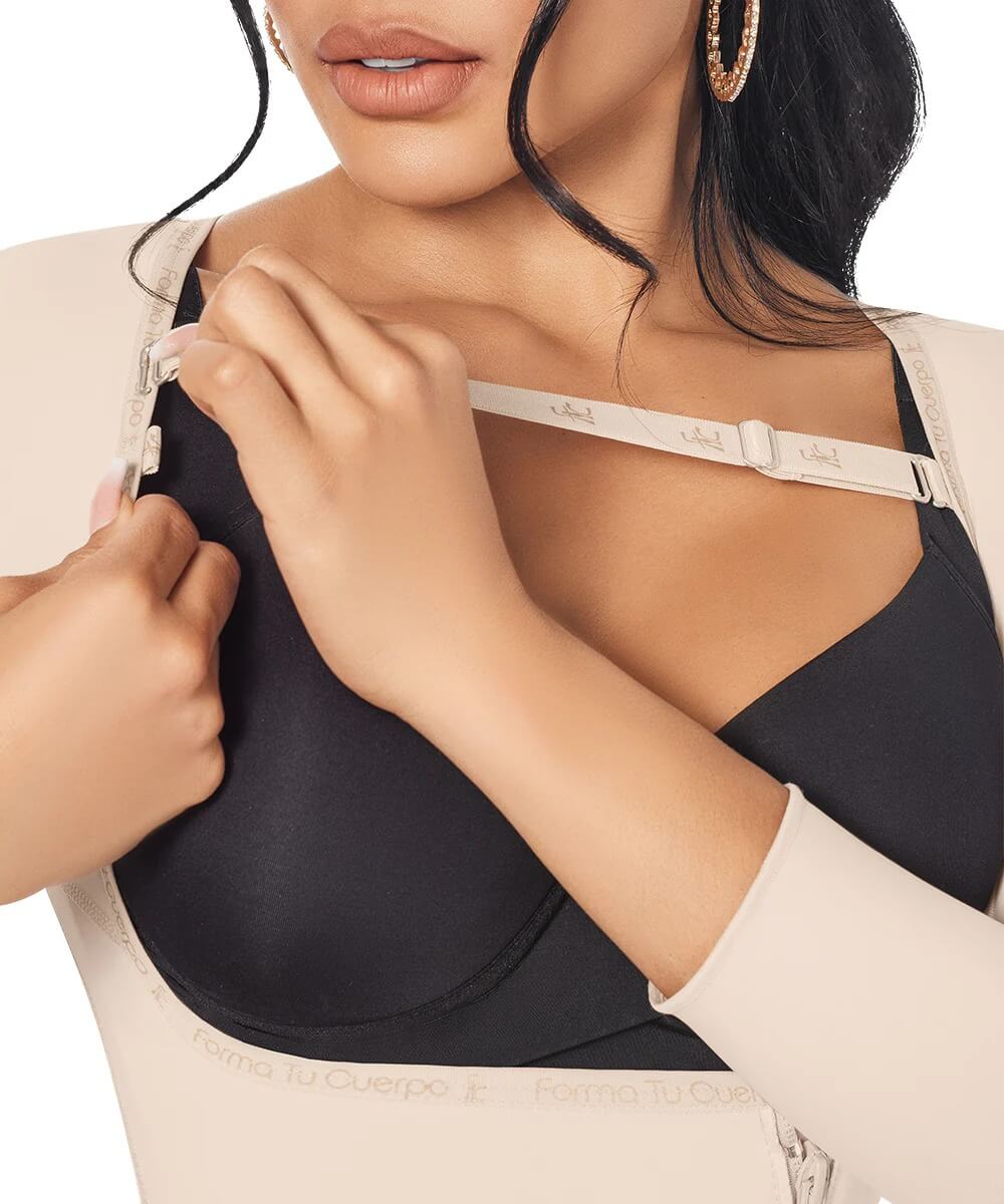 Medium Compression • Open Bust Bodysuit Mid Thigh • Long Sleeves • Lateral Zipper • Beige ( Ref. C-003 )
