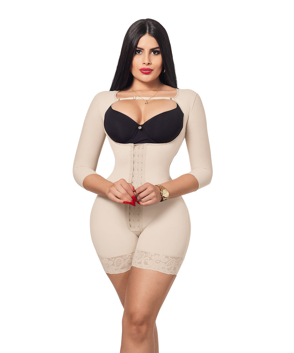 Medium Compression • Open Bust Bodysuit Mid Thigh • Long Sleeves • 3 Compression Hook Levels • Beige  ( Ref. C-004 )