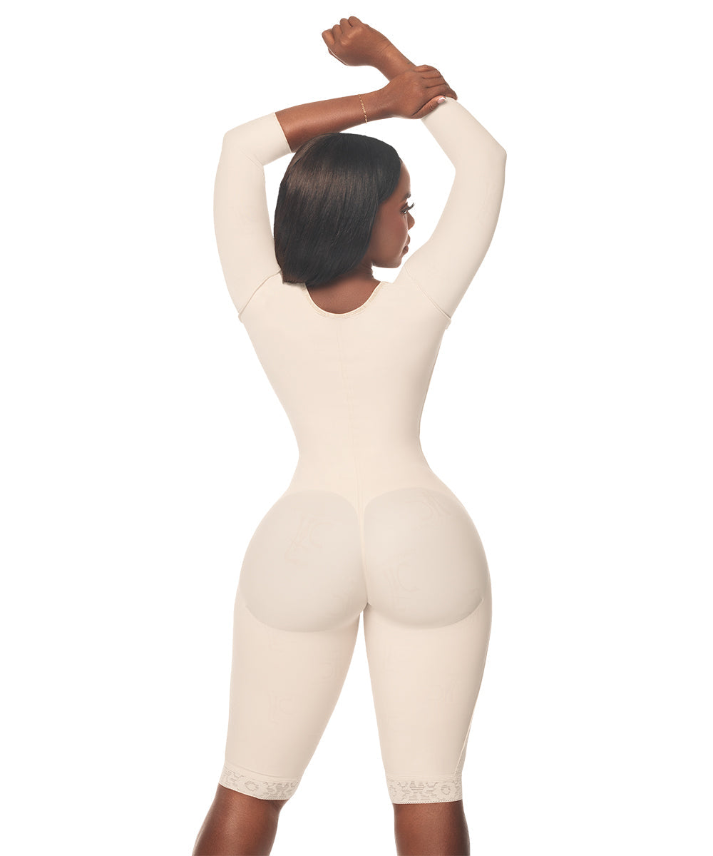 Medium Compression • Knee Length Open Bust Bodysuit • Long Sleeves • Lateral Zipper • Beige ( Ref. C-012 )