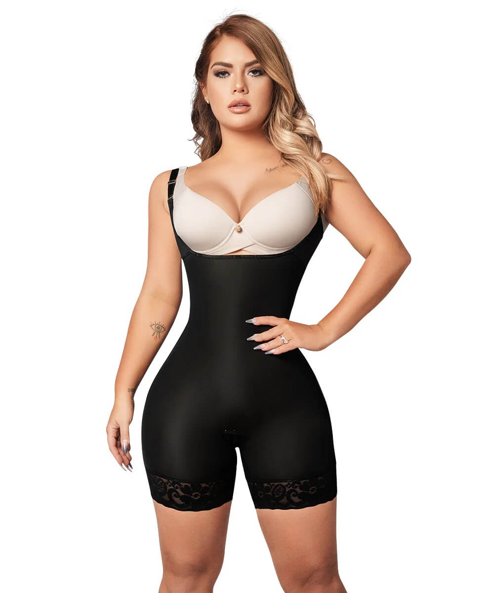 Seamless • Open Bust Bodysuit Mid Thigh • Straps • Beige • Black ( Ref. C-040 / C-044 )