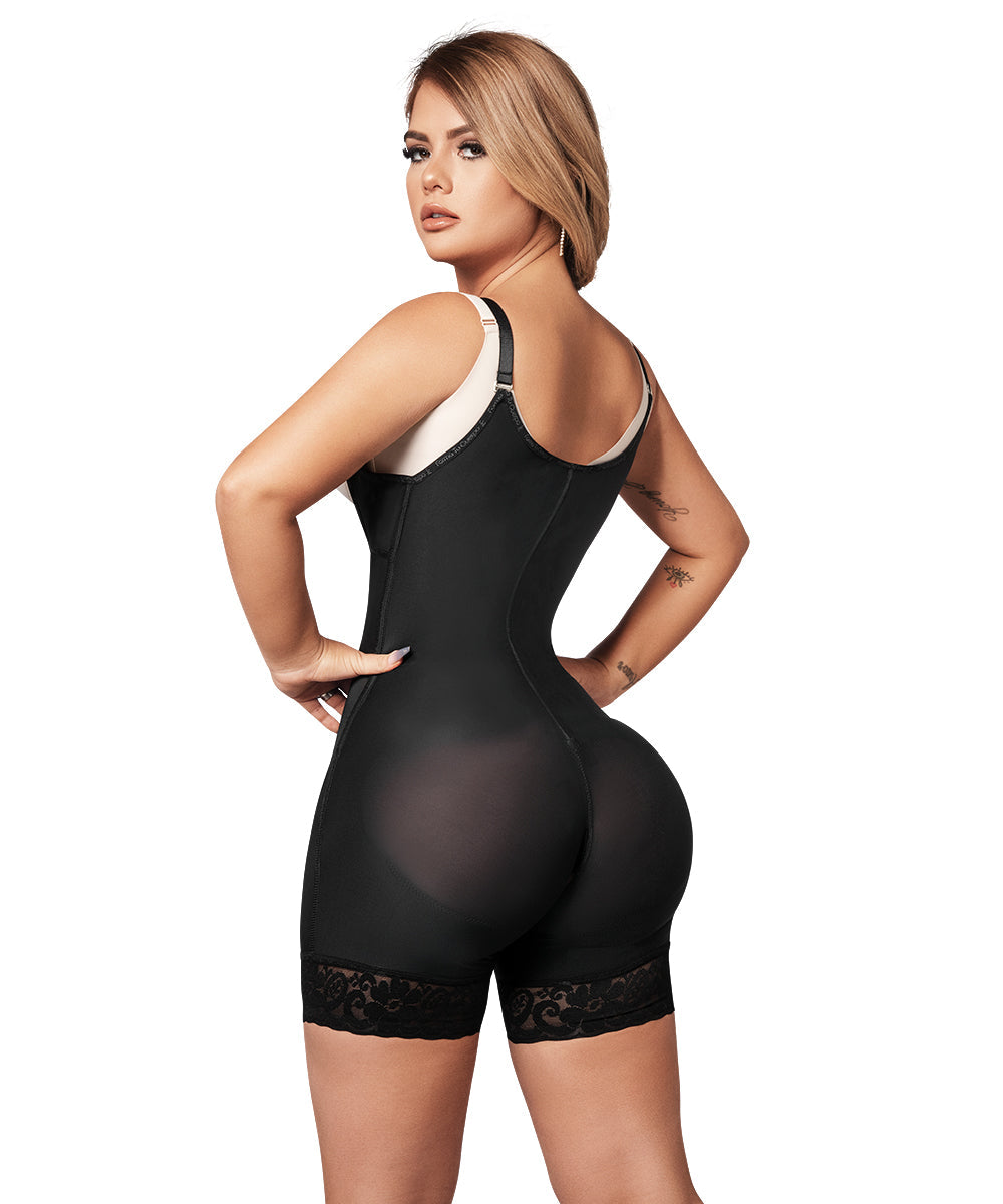 Seamless • Open Bust Bodysuit Mid Thigh • Straps • Beige • Black ( Ref. C-040 / C-044 )