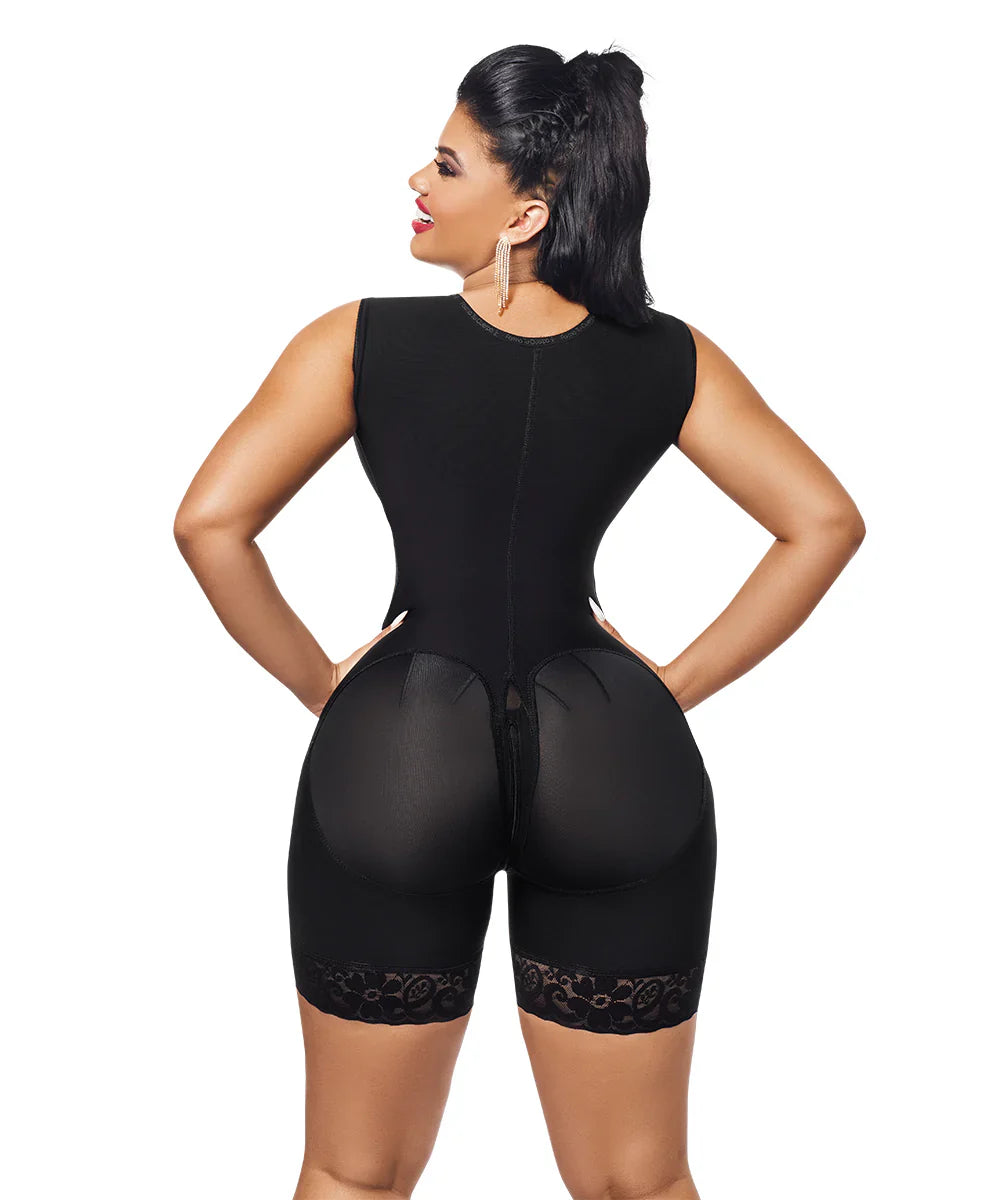 Mid Thigh Bodysuit With Bra • 3 Compression Hook Levels • Perineal Zipper • Black (One size for Hips and another for Waist) (REF. LUX - 293)
