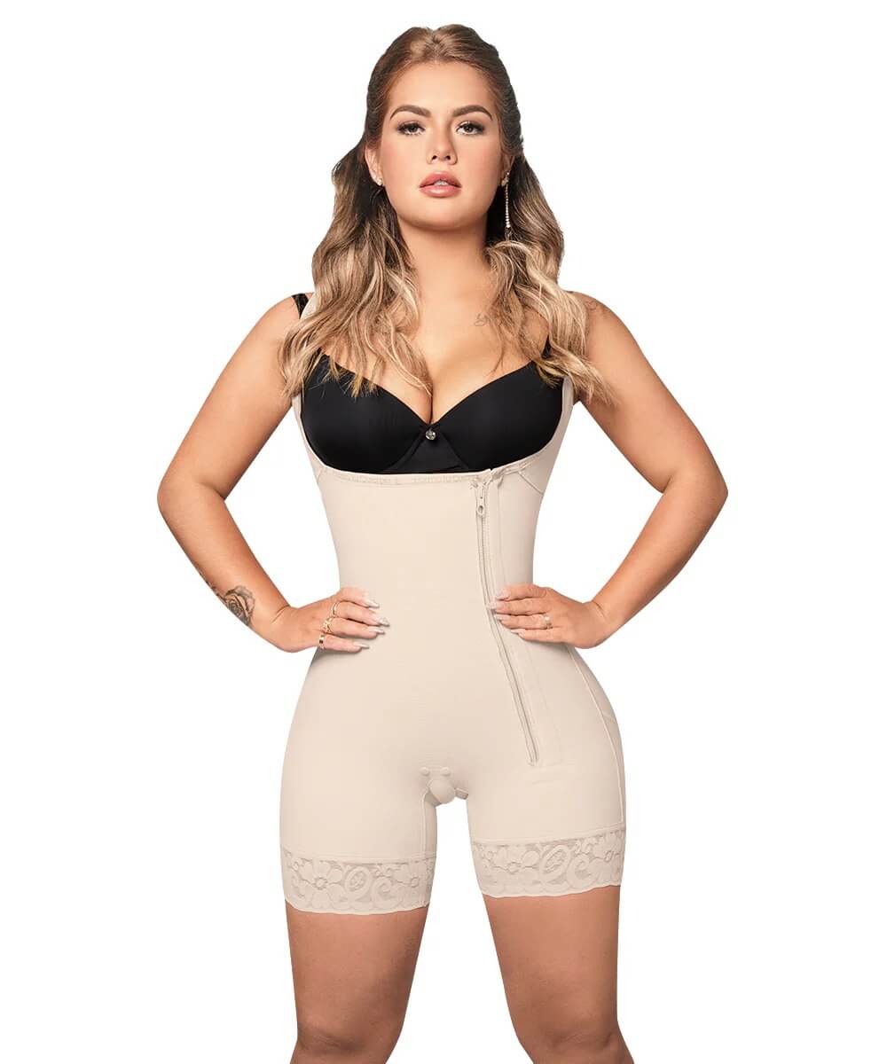 Open Bust Bodysuit Mid Thigh • Straps • Lateral Zipper • Beige • Black  ( Ref. O-010 / O-016 )
