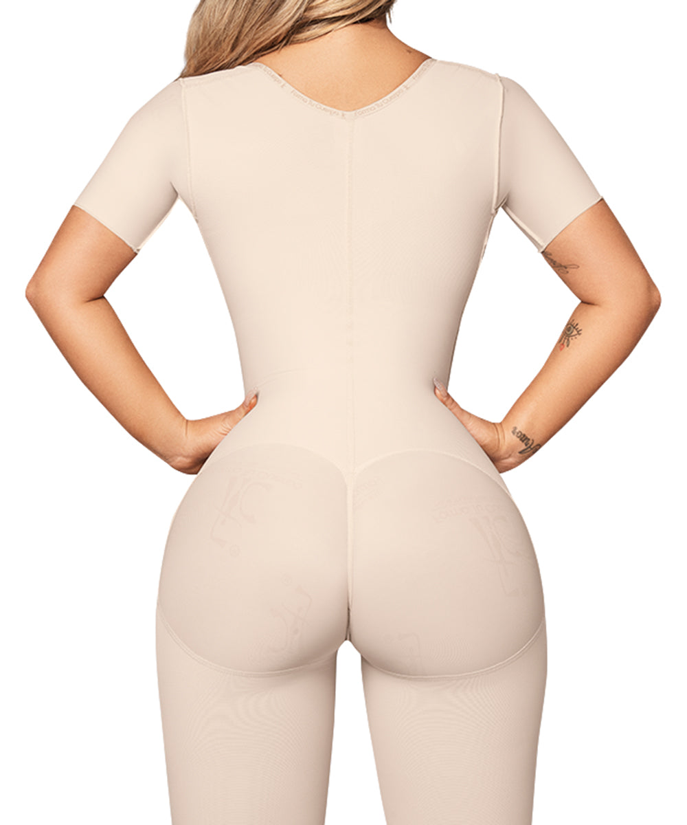 Knee Length Open Bust Bodysuit • Short Sleeves • Lateral Zipper • Beige ( Ref. O-024 )