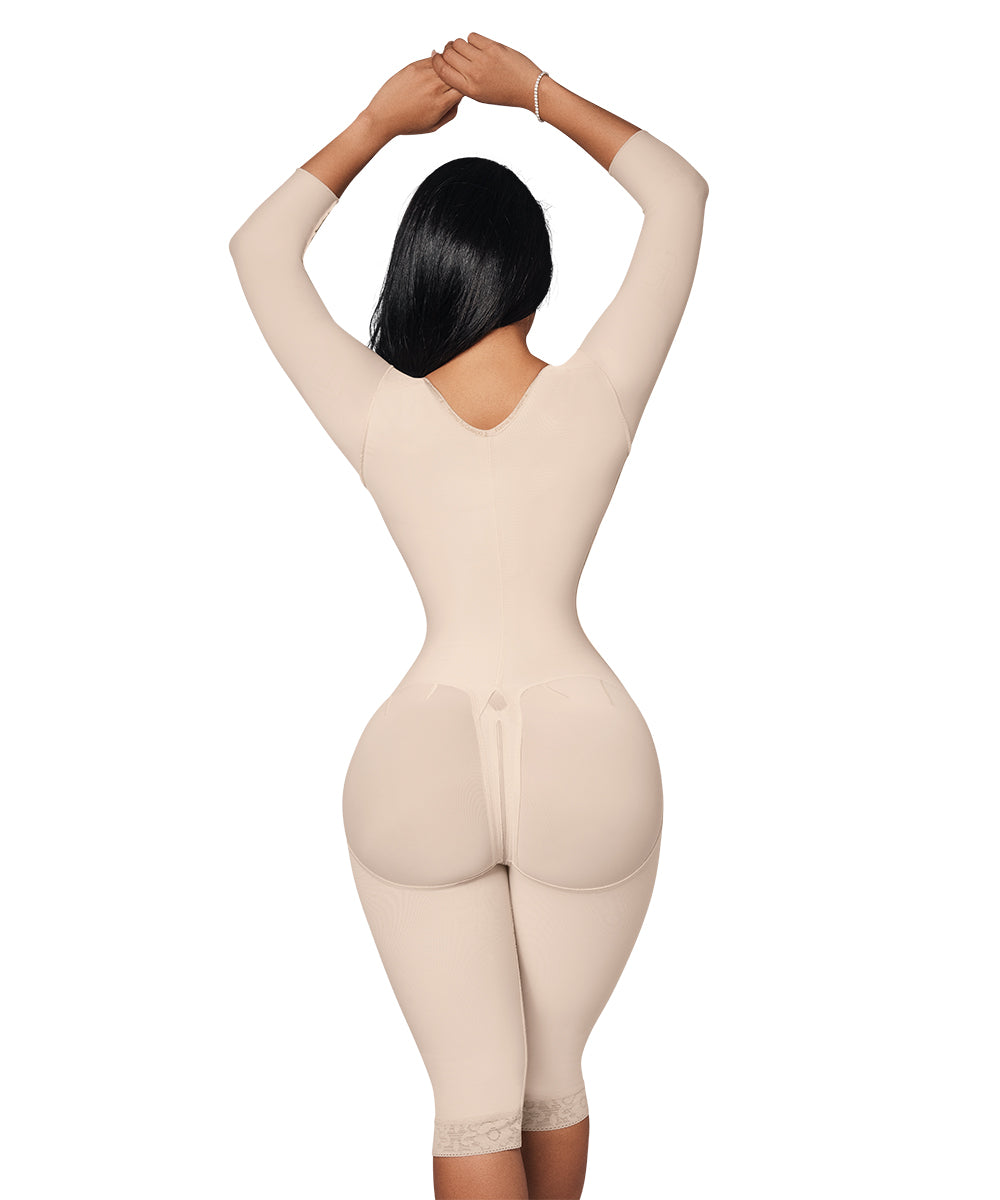 Knee Length Open Bust Bodysuit • Long Sleeves • 3 Compression Hook Levels • Perineal Zipper • Beige • Black ( Ref. O-025 / O-225 )