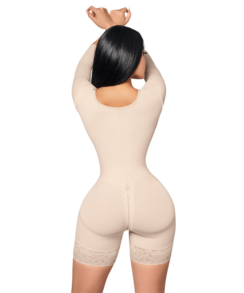 Mid Thigh Bodysuit With Bra • Long Sleeves • 3 Compression Hook Levels • Perineal Zipper • Beige ( Ref. O-093 )