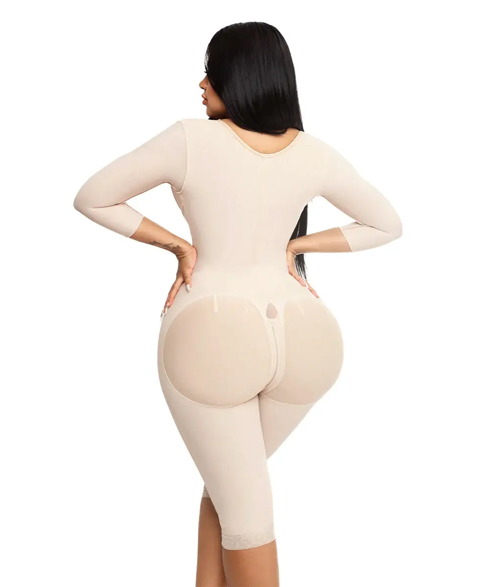 Knee Length Open Bust Bodysuit • Long Sleeves • 3 Compression Hook Levels • Perineal Zipper • Beige • Black ( Ref. O-025 / O-225 )