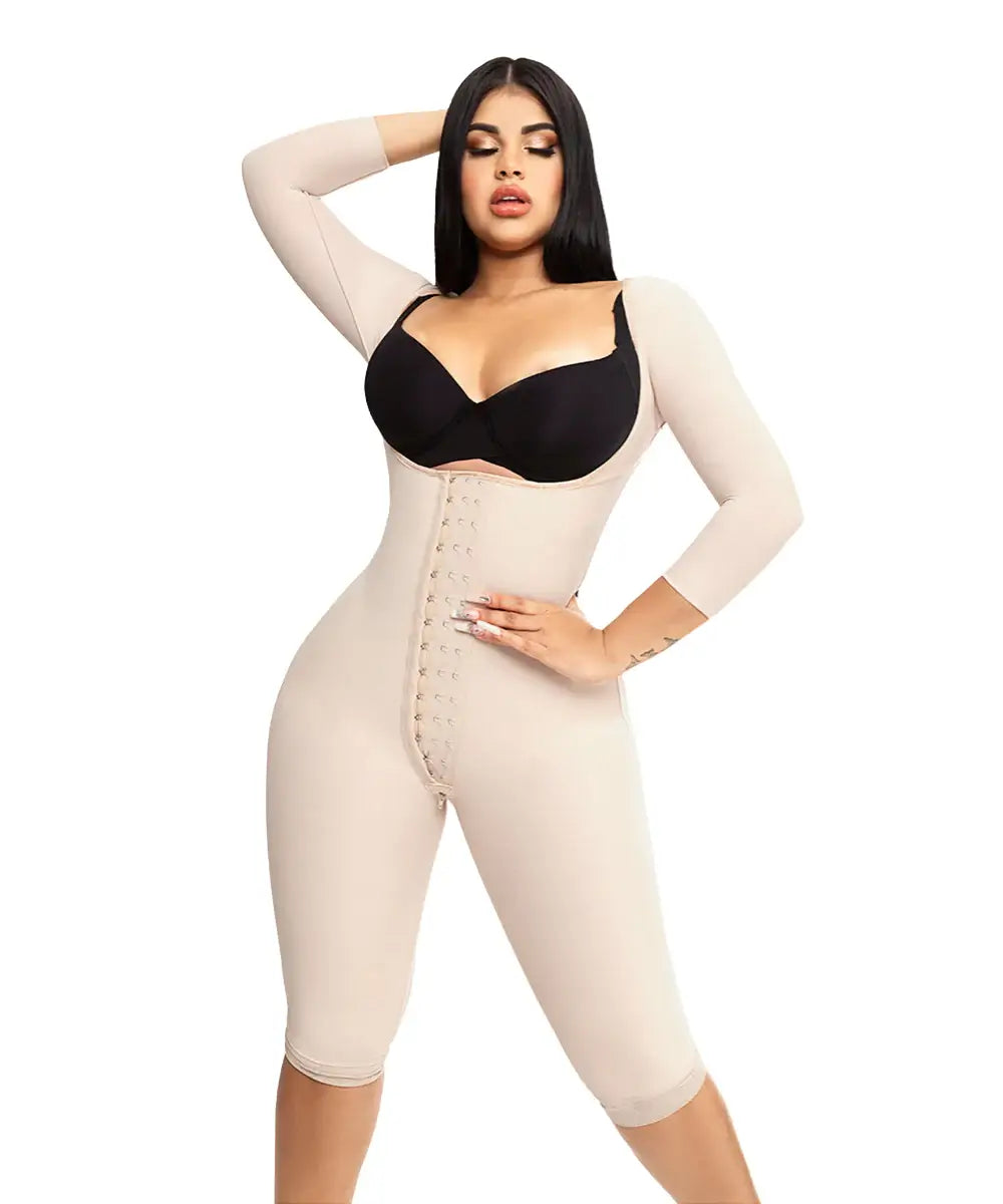 Knee Length Open Bust Bodysuit • Long Sleeves • 3 Compression Hook Levels • Perineal Zipper • Beige • Black ( Ref. O-025 / O-225 )